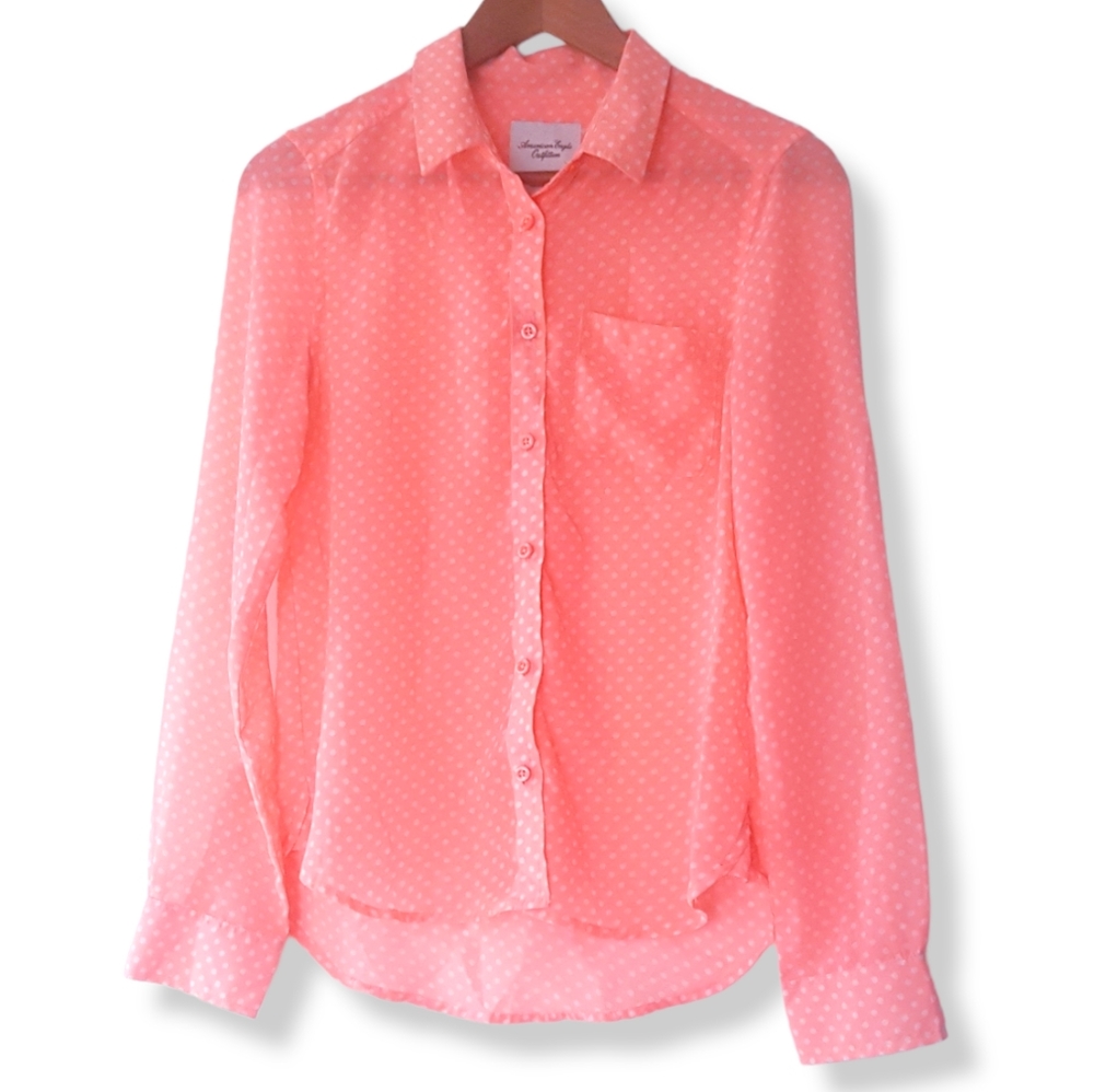 AMERICAN EAGLE Pink/Coral Polka Dot Sheer Chiffon Button Up Blouse